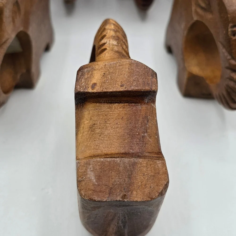 Vintage Hand Carved Wood Elephant Napkin Rings Set of 7 Philippine Brown Artisan
